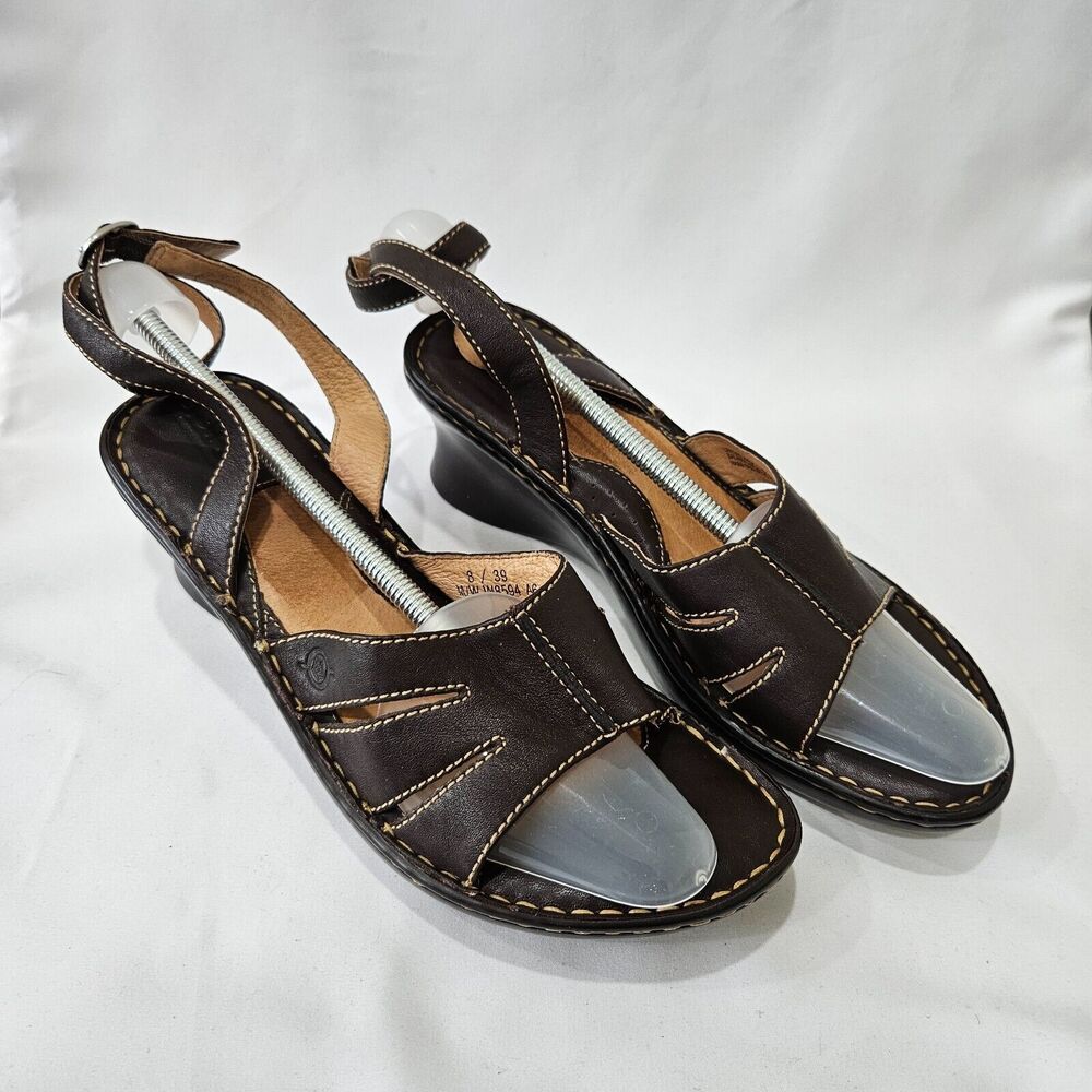 Born Women's Leather Slingback Wedge Heel Sandals Size 8 Brown Ankle Strap Boho
